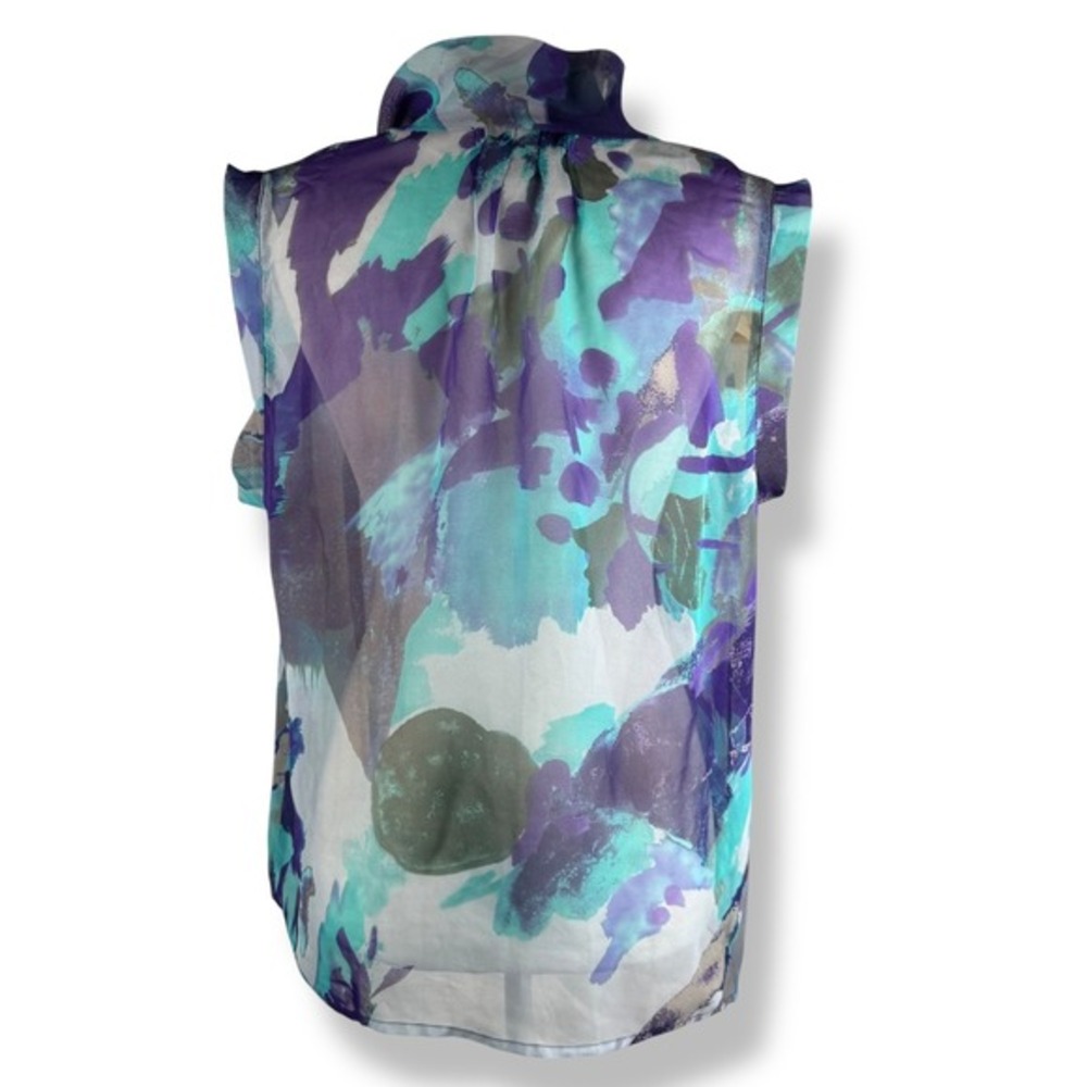 Jonathan Martin Painterly Watercolor Tie‎ Neck Top Womens Size XL Sheer Flowy - Picture 2 of 9